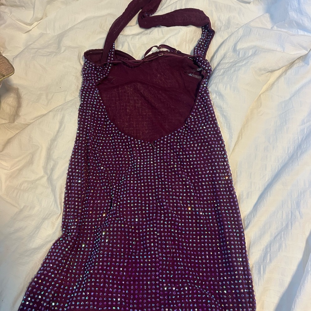 Oh Polly Capria Embellished Low Back Neck Strap Dress in Plum/ US 4/ UK 8